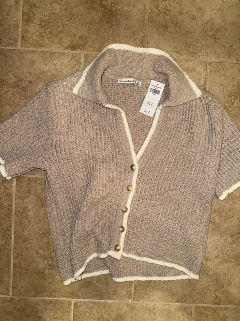 Abercrombie & Fitch Taupe Short-Sleeve Knit Cardigan with Cream Trim